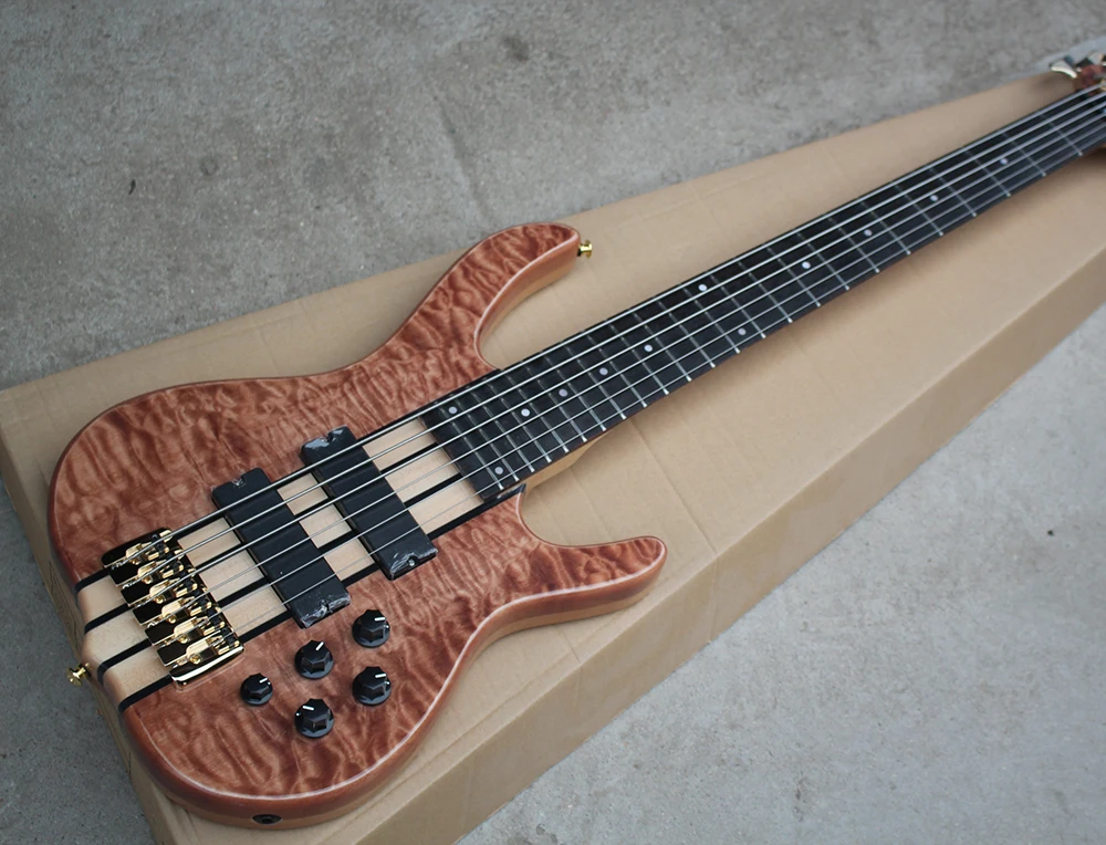 High Quality Brown 6 Strings Electric Bass Guitar with Flame Maple