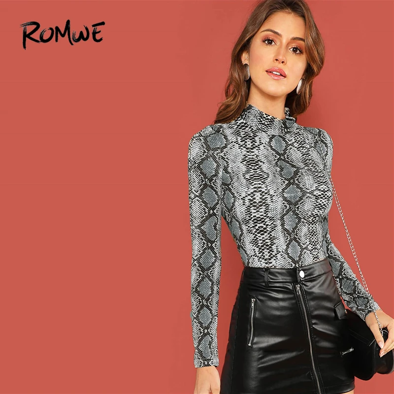 ROMWE Mock-Neck Snake Skin Print Fitted Tee Long Sleeve Slim Spring Stand Collar T Shirt Women Autu