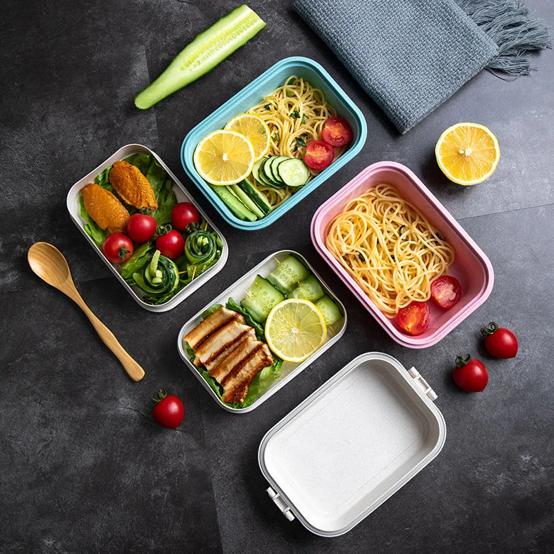 Синий/розовый пшеничный Ланч-бокс, дизайн с уплотнением, экологичный пластиковый набор посуды для микроволновки, Bento box, контейнер для еды для детей