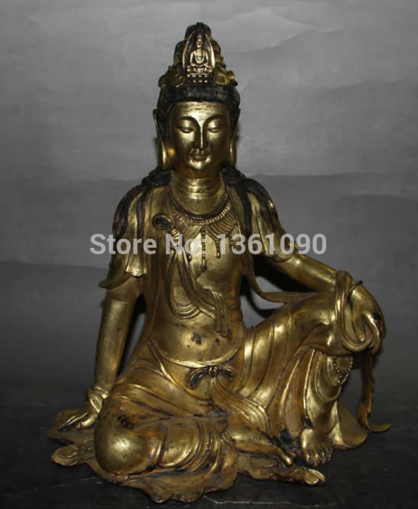 

xd 00136 Wonderful china bronze gilded carve sit kwan-yin figure statue