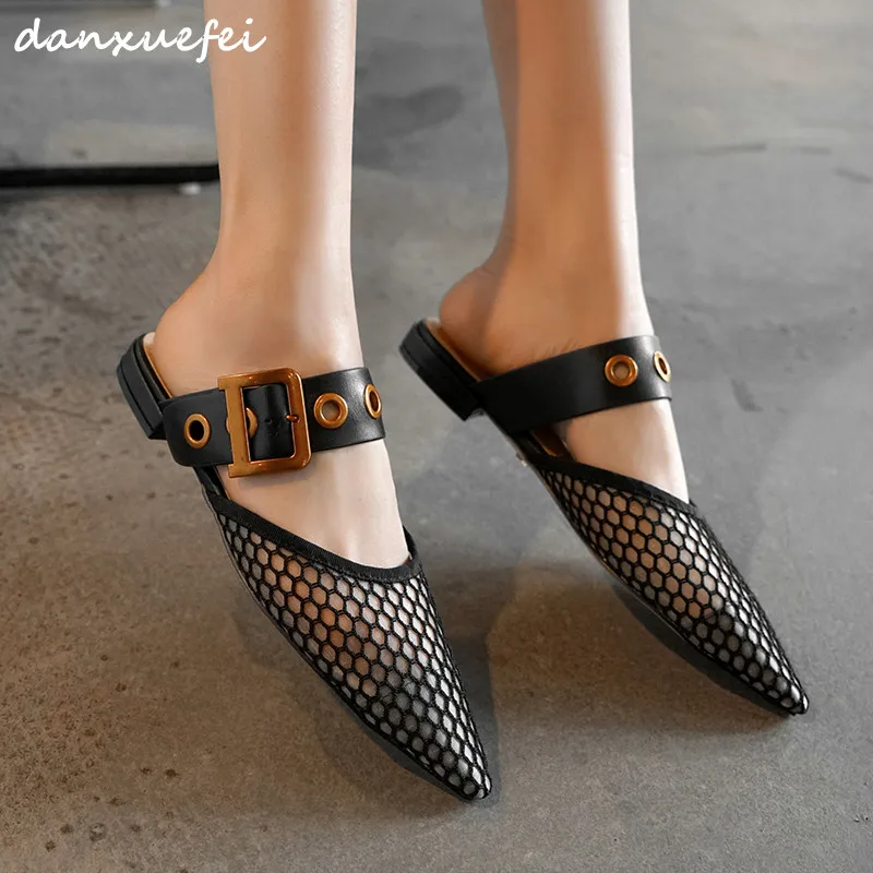 

Women's mesh Polka Dot slip-on flats mules metal buckle pointed toe summer slides high quality genuine leather sandals shoes hot