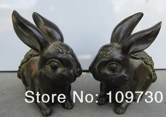 

bir 00298 Chinese copper ancient statues Pair Rabbits visual old antique 31