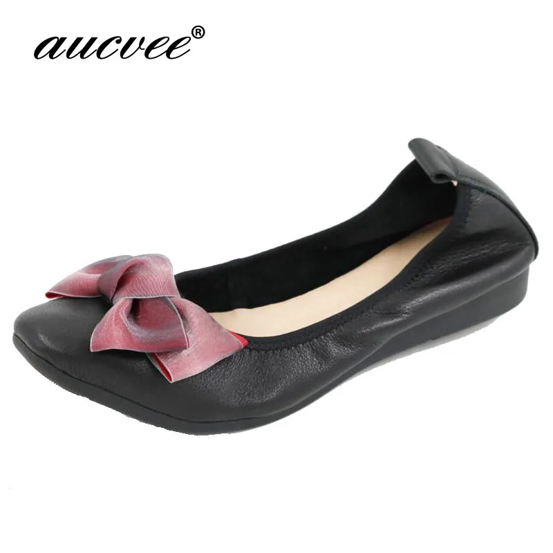AUCVEE Genuine Leather Women Flats,Fashion Black Round Toe Ladies