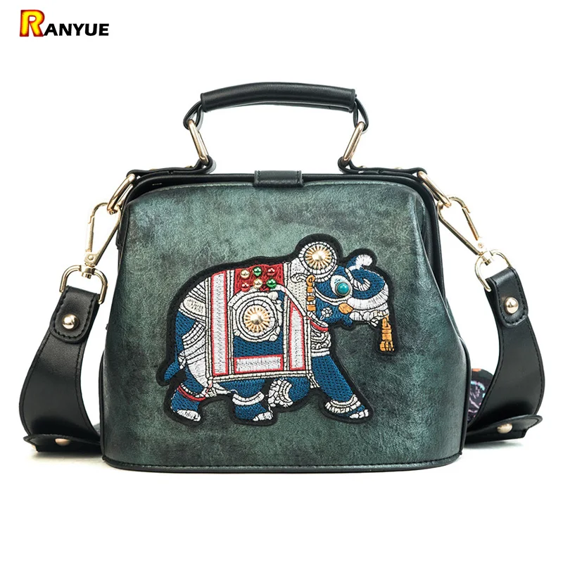 

Vintage Retro Bags Doctor Bag Female Handbag Butterfly Wide Strap Shoulder Crossbody Woman Bags Rivet Elephant Embroidery Purse