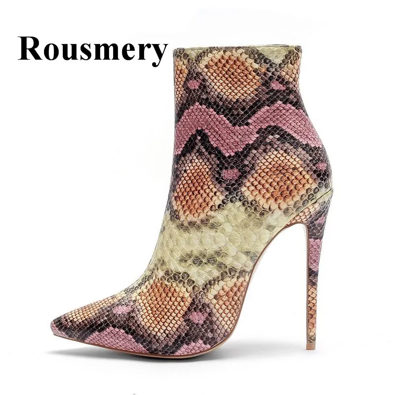 

Pink And Bule Snakeskin Pattern Fashion Sexy Pointed Toe And Thin High Heel Women Boots Side Zipper High Quality Ankle Boots