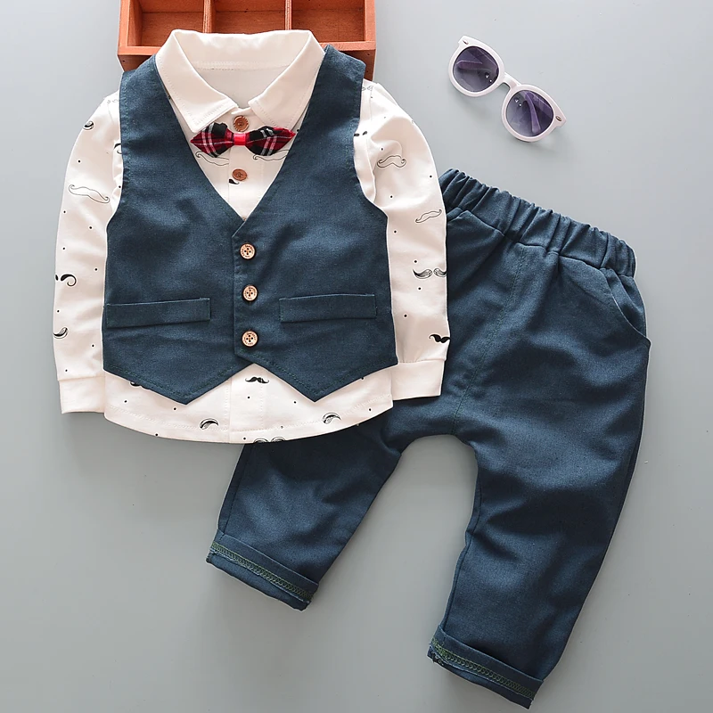 

2019 baby boys clothes set 3pcs outfits autumn toddle children's wedding clothing vest gentleman formal moustache clothes