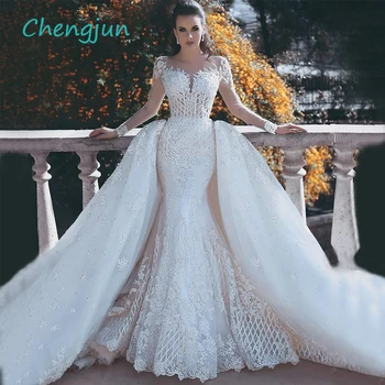 شراءChengjun الفاخرة سكوب كم طويل الدانتيل مطرز حورية البحر فساتين الزفاف مع انفصال قطار