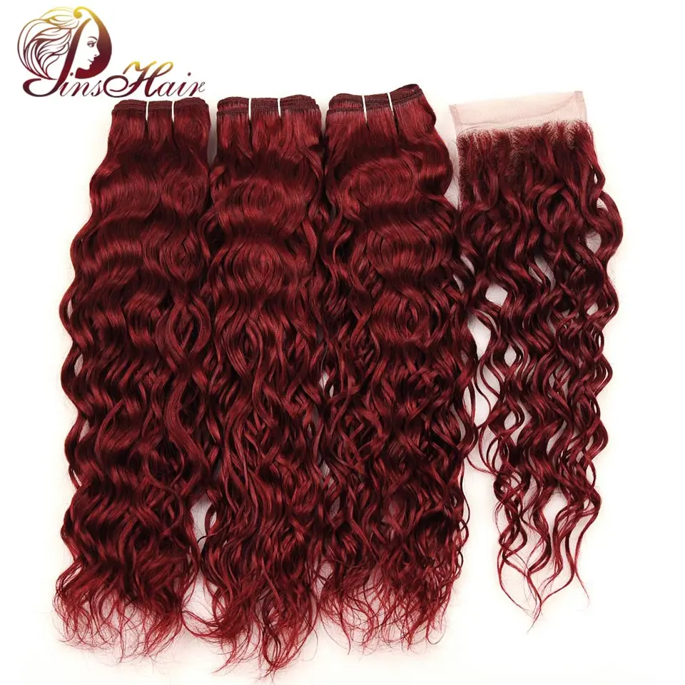 

Pinshair 99J Bold Red Water Wave Bundles With Closure Pre-Colored Burgundy Malaysian Human Hair Bundles With Closure Non Remy
