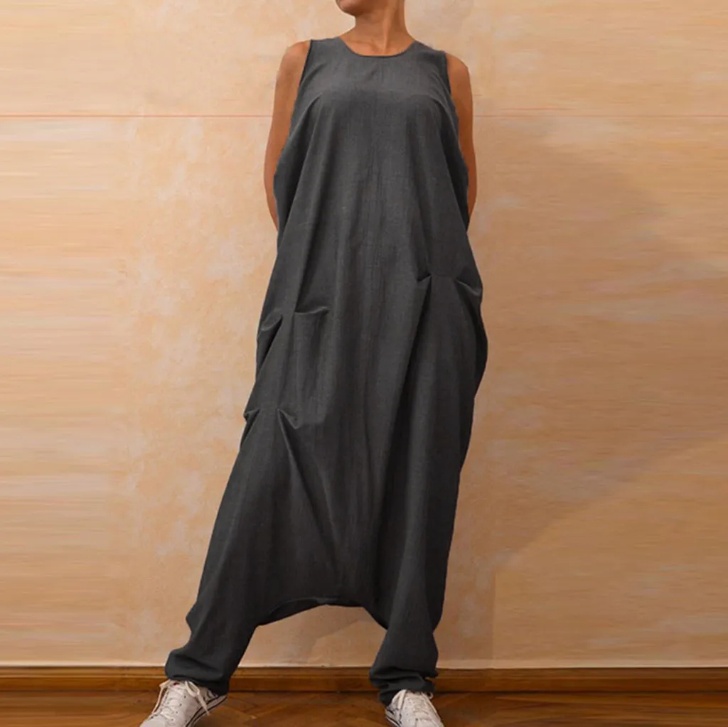 

Fashsiualy Female Body For Women Loose Sleeveless Jumpsuit O-neck Casual Bodysuit Solid Long Pants Overalls Pockets Playsuit
