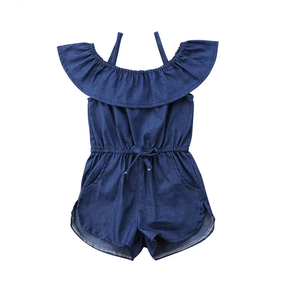 New Toddler Baby Kid Girl Rompers Off Shoulder Outfit Denim Blue Jean