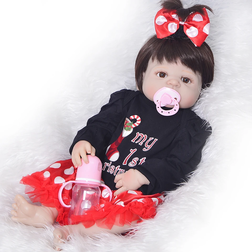 

Wholesale Full Silicona Vinyl Reborn Dolls Babies Toy 23'' Realistic New Born Baby Dolls Wear Red Skirt Kids Playmate Xmas Gifts