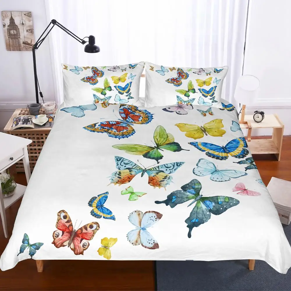 Butterfly Bedding Set White Duvet Cover Kids Animal Home Textiles for Girl 2/3pcs Quilt with Pillow Queen Bed | Дом и сад