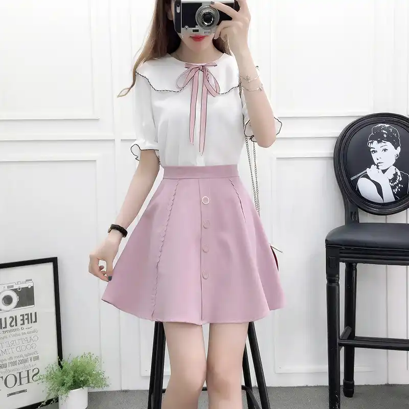 夏の韓国のファッションガールホワイトトップブラウス シングルブレストスカート女性かわいい衣装vestidos 2個服セットsml ドレススーツ Aliexpress