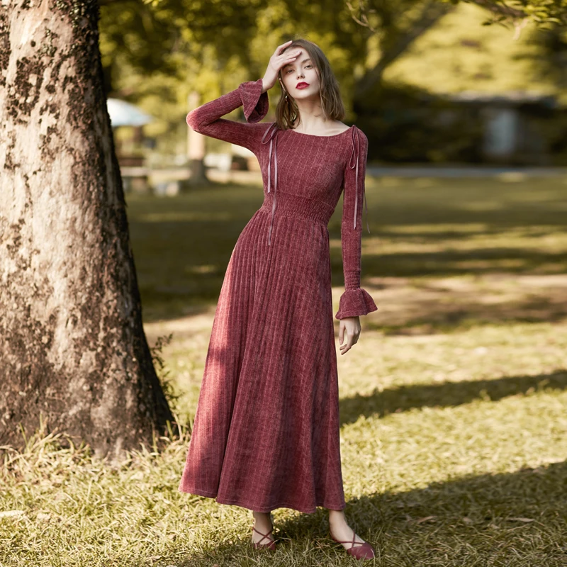 Gratis Verzending 2019 Herfst En Winter Vintage Een stuk Lange Maxi Lange Ruches Mouwen Maxi S-L Corduroy Hoge Taille jurken Vrouwen