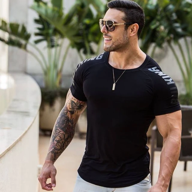 Muscle men summer gyms Fitness Bodybuilding tight Short Sleeve t