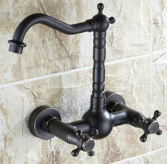 Oil Rubbed Bronze Wall Mounted Dual Cross Handles Swivel Kitchen Bathroom Sink Basin Faucet Mixer Tap anf265