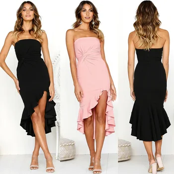 

Irregular Shoulder Party Dress Women 2019 Summer Elegant Black Bodycon Dress Wrinkles Slice Saum Clothes Vestidos Mujer