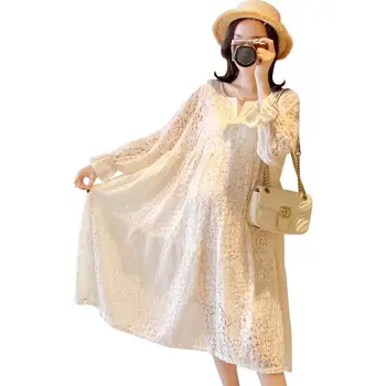 

2019 Maternity Clothing Lace Hollow Nursing Dresses Pregnant Women Loose Flare Sleeve Vestidos Fashion Pregnancy Clothes Q338