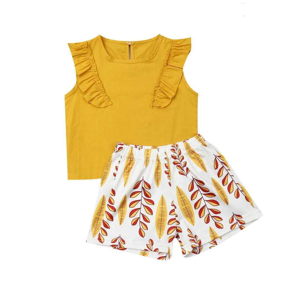 

2019 Newly Summer Pretty Kids Baby Girls Clothes Sets Sleeveless Ruffles Solid Vest+Print Shorts