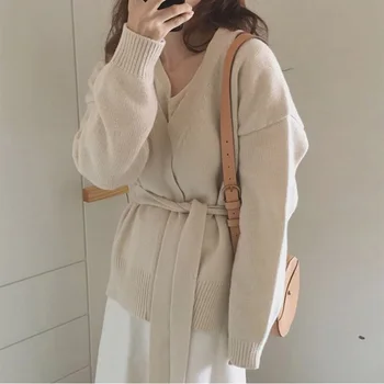 

2019 Large size Women Sweater Cardigans Autumn Winter Knitting Lace Up Belt Loose Outer Wear Elegant Ladies aa798