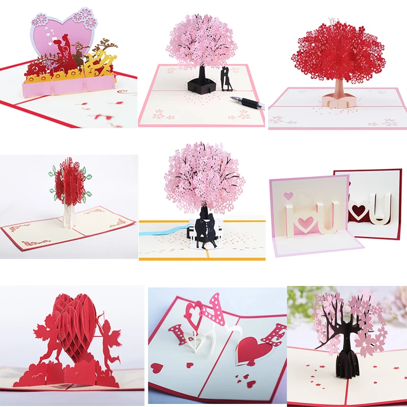 

5pcs/lot Pink romantic valentine's day 3D stereo greeting card blessing Love wedding gift card cherry tree paper handmade card