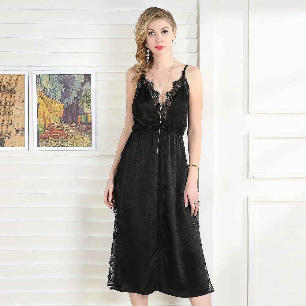 Women Summer Midi Black Lace Dress Sexy Deep V Neck Split Backless Satin Elegant Beach Evening
