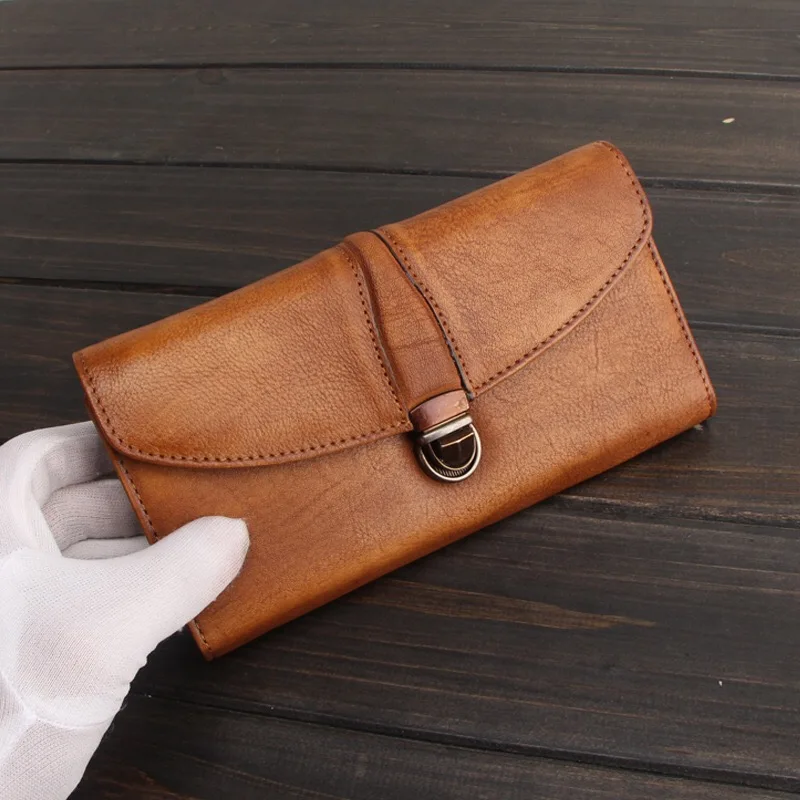 

Vintage Designer Hand Painting Color Female Envelop Wallet Genuine Cow Leather Vintage Women's Metal Hasp Long Organizer Wallet