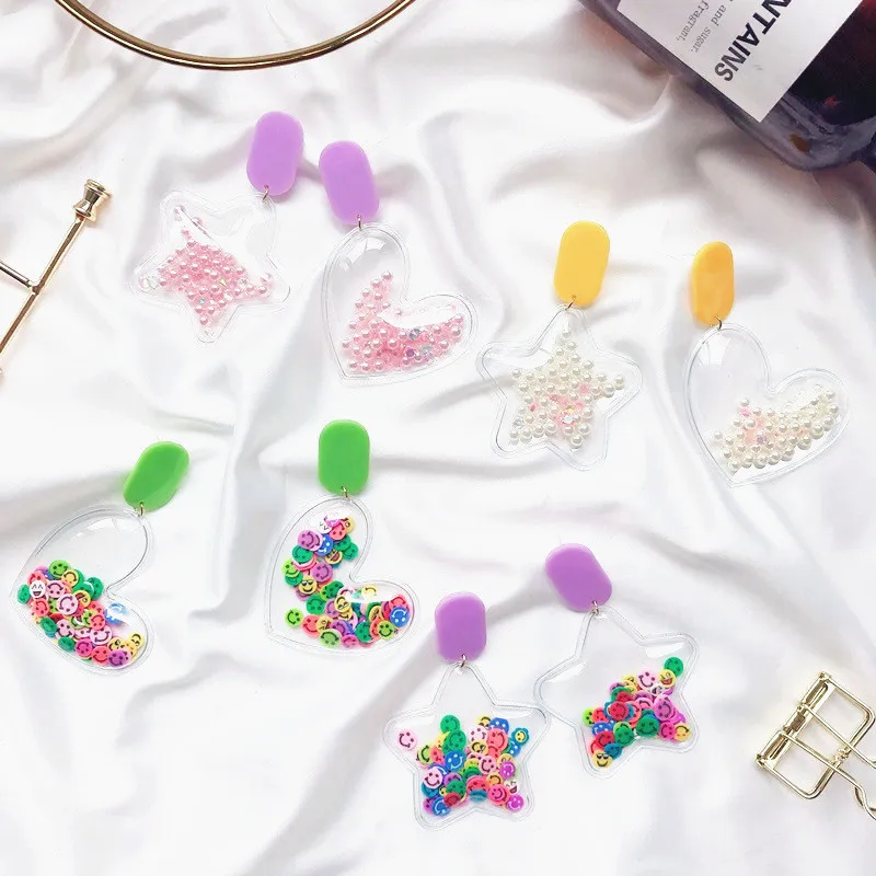 

Korea Students Transparent Heart Star Colorful Imitation Pearl Smile Accessories Drop Earrings Femme Ear Jewelry