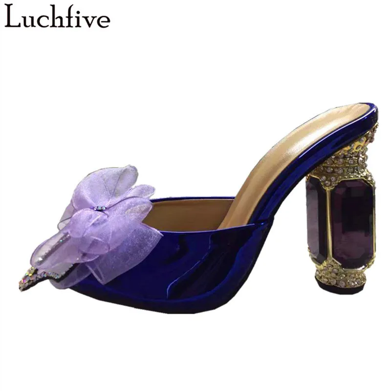 

Luchfive Mesh Crystal Butterfly-Knot Slippers Patent Leather 2019 New Peep Toe Fashion Sweet Rhinestone Heel Summer Shoes Woman