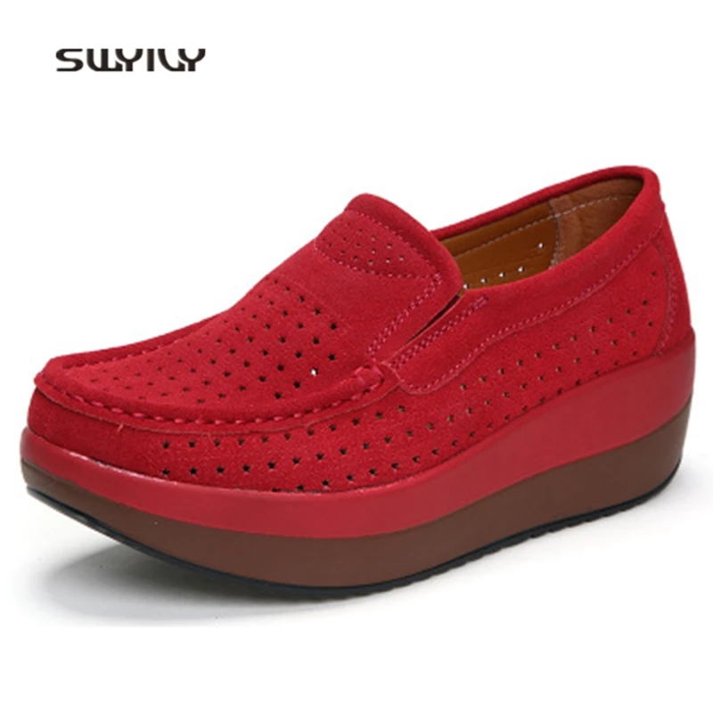 SWYIVY Women Toning Shoes Genuine Leather Thick-sole Breathable Swing Shoes Summer Hollow Big Size 42 Female Slimming