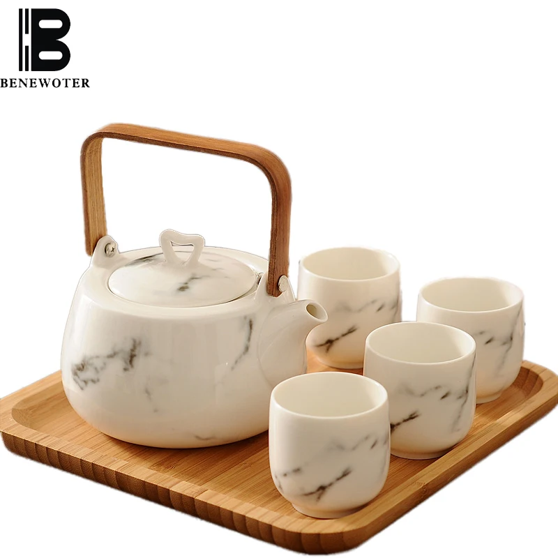 Chinese Ceramic Teapot Set Marble Texture Tea Kettle with Tray Teacup