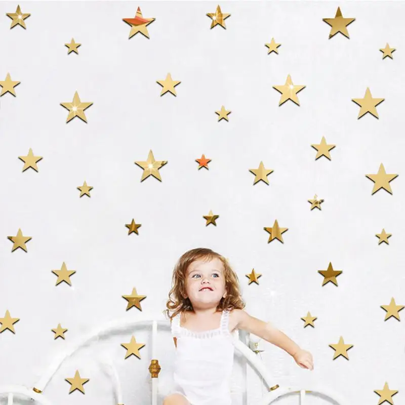 

20pcs/set Removable Sliver 3D Acrylic Star Shape Wall Stickers Decorative Mirror Surface Wall Decal Art Paper Home Office Decor