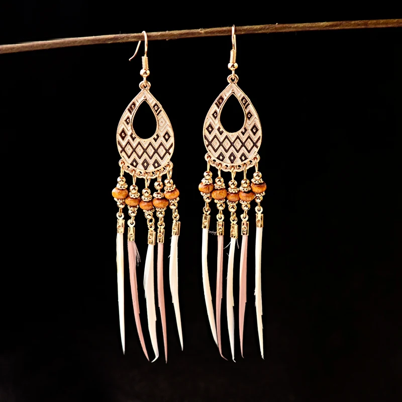 Ethnic Bohemian Boho Long Feather Indian Earrings For Women Brincos Bijoux Charm Gypsy Hippie Tribe Vintage Ladies Earrings