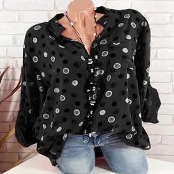 MoneRffi новая женская мода с длинным рукавом v-образный вырез в горошек принт туника Топ блузка рубашка Повседневная винтажная Кнопка Blusas Плюс