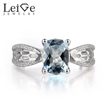

Leige Jewelry Natural Blue Aquamarine Fine Jewelry Cushion Shape Prong Setting Engagement Hollow Ring For Woman March Birthstone