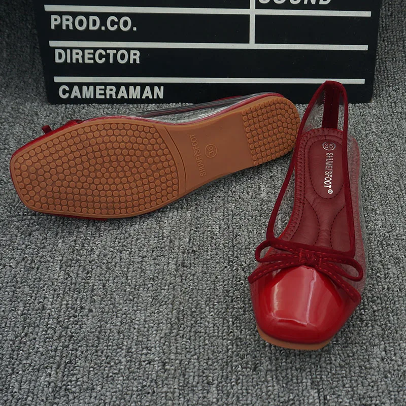 Европейский стиль; коллекция года; летние туфли на плоской подошве в Корейском стиле; женские тонкие туфли; модные туфли красного цвета с квадратным каблуком и прозрачной сеткой