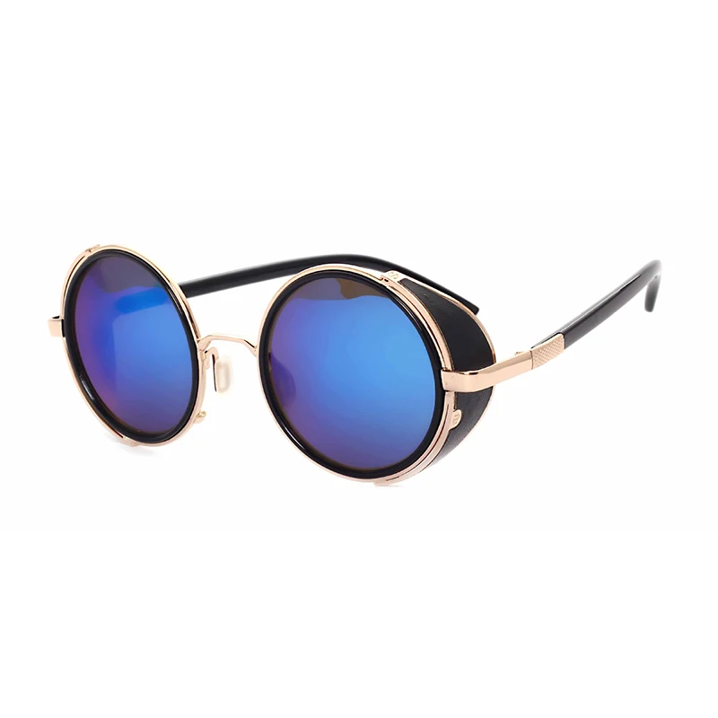 Ретро стимпанк Солнцезащитные очки мужские женские круглые металлические щиты солнцезащитные очки Брендовые дизайнерские модные очки зеркальные линзы UV400 - Цвет линз: Gold Blue