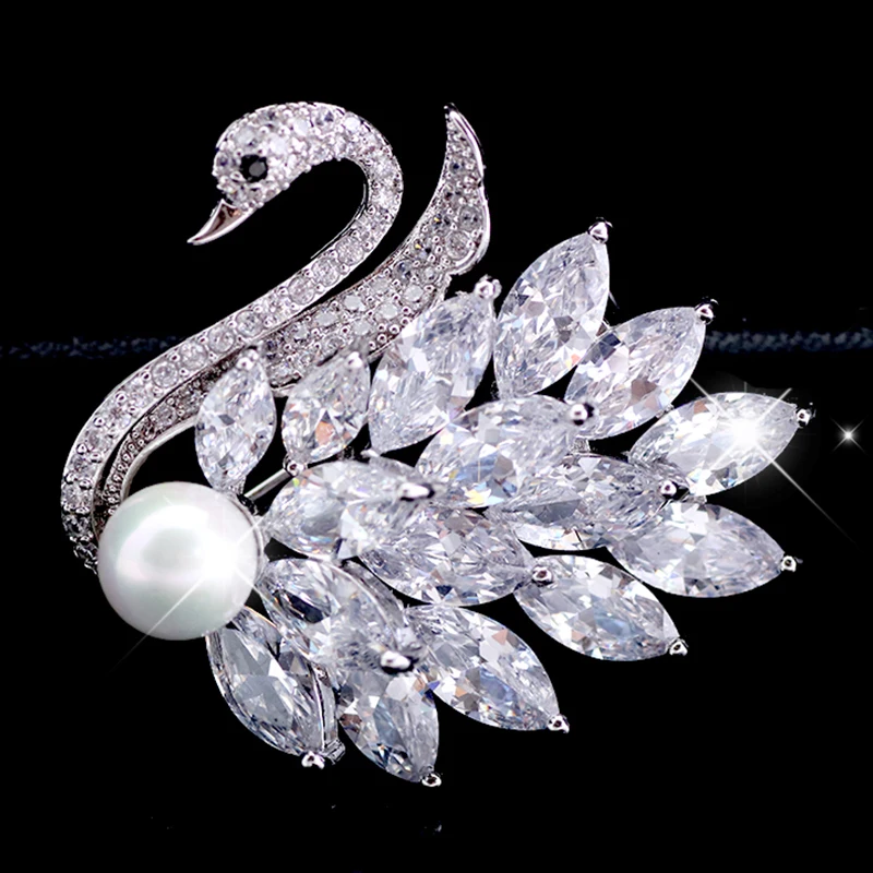

Vintage Swan Hanging Pearl Brooch White Crystal Animals Brooches Pins Wedding Jewelry for Women Girl Mother's Day Gifts