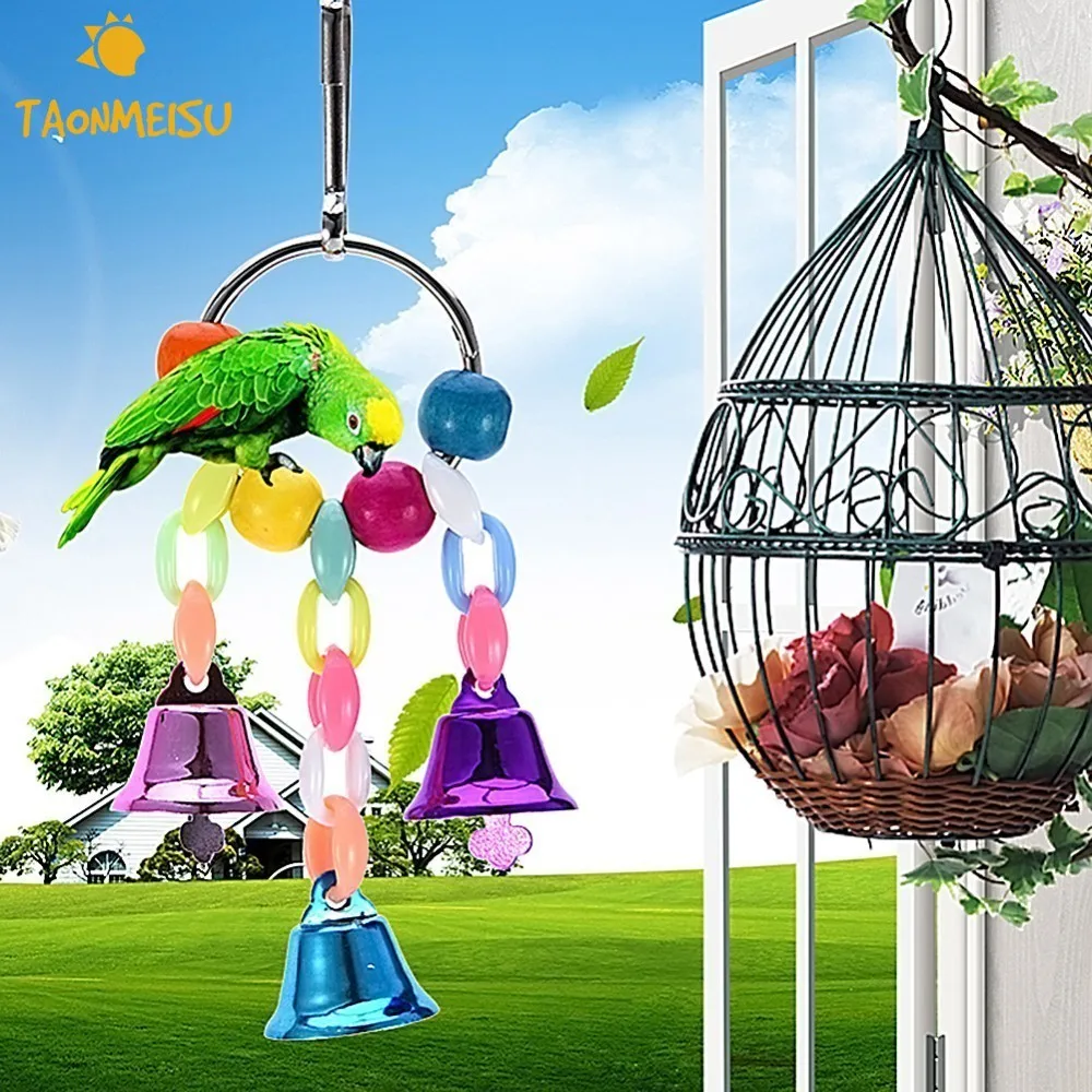 

Bird Toys Parrot Stand Rack Hanging Colorful Bell Chew Toys Acrylic Macaw Cockatoo Bites Swing Toy On Cage Accessory