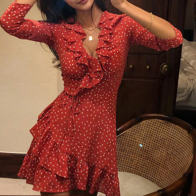 

2019 Summer Woman V-Neck Long Sleeve Stars Print Short Wrap Dress With Ruffles Ladies Chiffon Dresses Robe Vintage Femme Ete