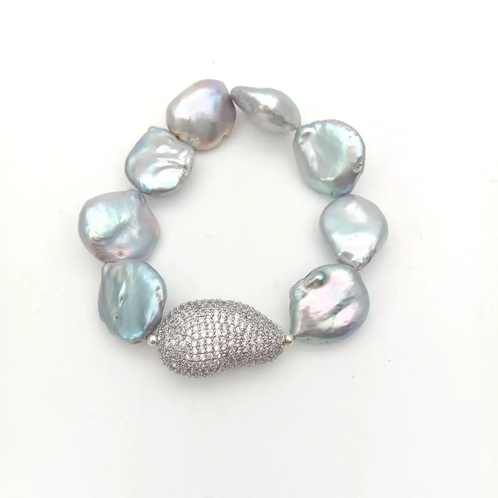 

Grey Reborn keshi pearl Golden plated CZ Micro connector Adjustable Bracelet
