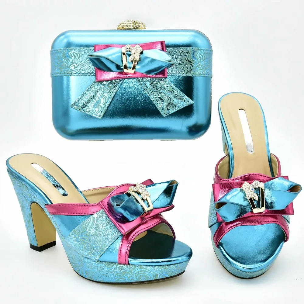 

Italian shoes and bag matching set in high heel 4 inches slippers lady shoes with matching clutches bag turquoise blue SB8380-5
