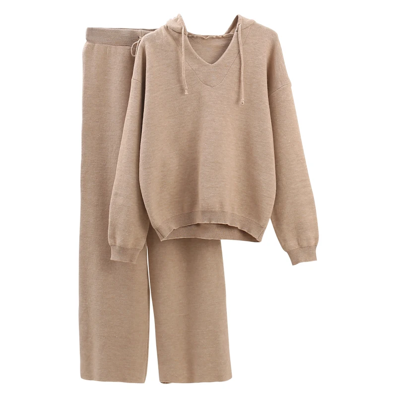 

2 pieces knitted women sweaters hooded long-sleeved loose solid running casual female lady outwear tops