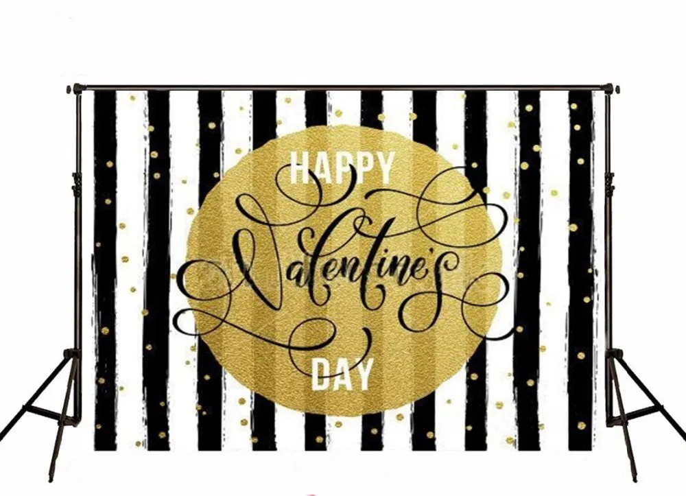 Gold Happy Valentine Day black watercolor striped golden polka dots backdrop Vinyl cloth Computer printed party Backgrounds | Электроника