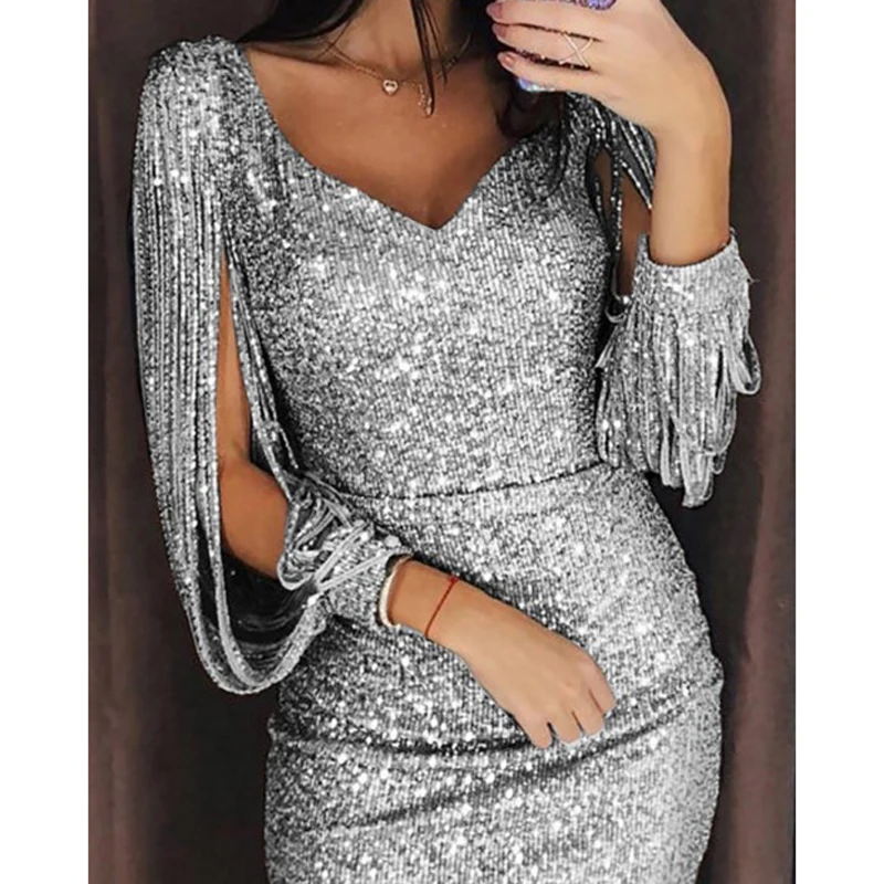 

Lantern Sleeve Femme Robe Club Mujer Elegant V Neck Mini Dress Silver Women Tassel Glitter Party Dress Formal Gold Hollow M0470