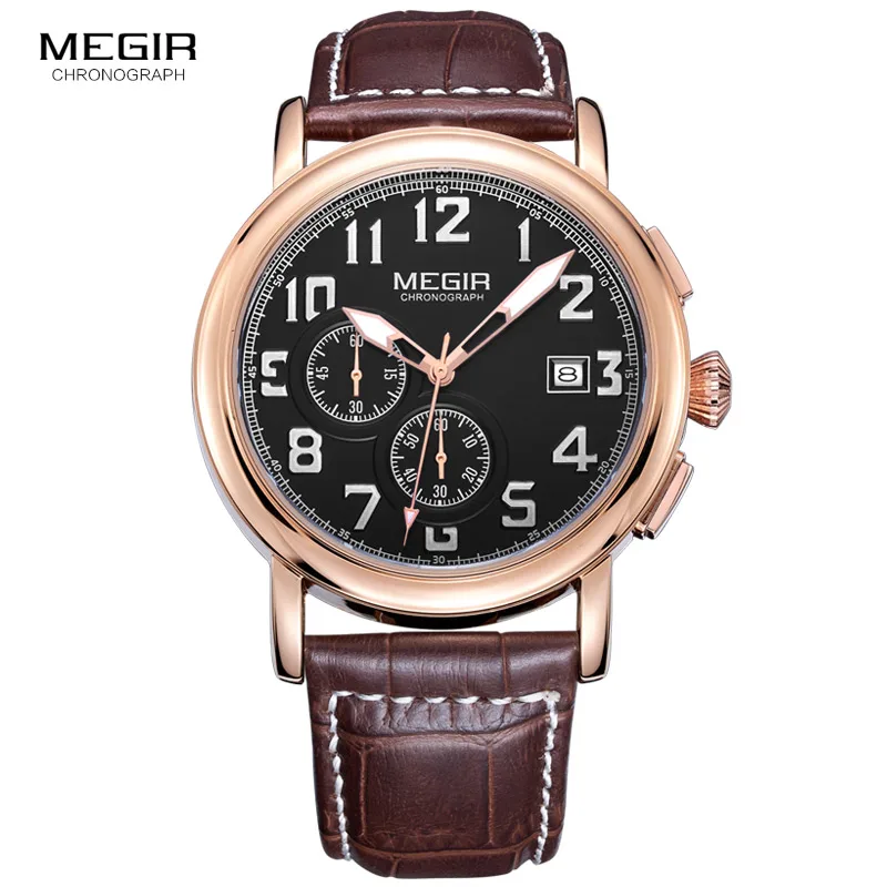 

Megir Mens Chronograph Leather Strap Quartz Wrist Watches Fashion Luminous Round Dial Black Wristwatch for Man Male 2031
