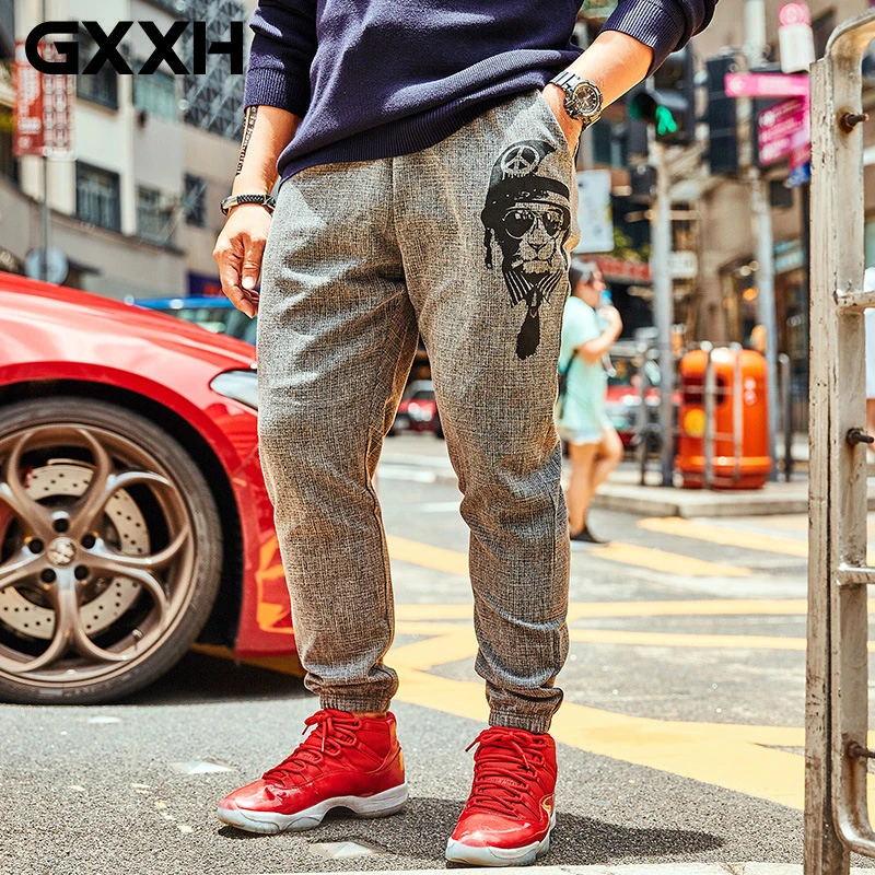 GXXH Autumn Brand Men's Big Size Elastic Waist Pants Breathable Oversized Plus Animal Printed Streetwear Trousers Gray 6XL