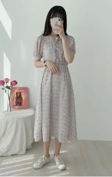 Винтажные платья с принтом, женские модные летние платья с коротким рукавом, приталенные трапециевидные платья в консервативном стиле для девочек, одежда в Корейском стиле, дизайнерское платье - Цвет: light Lavender