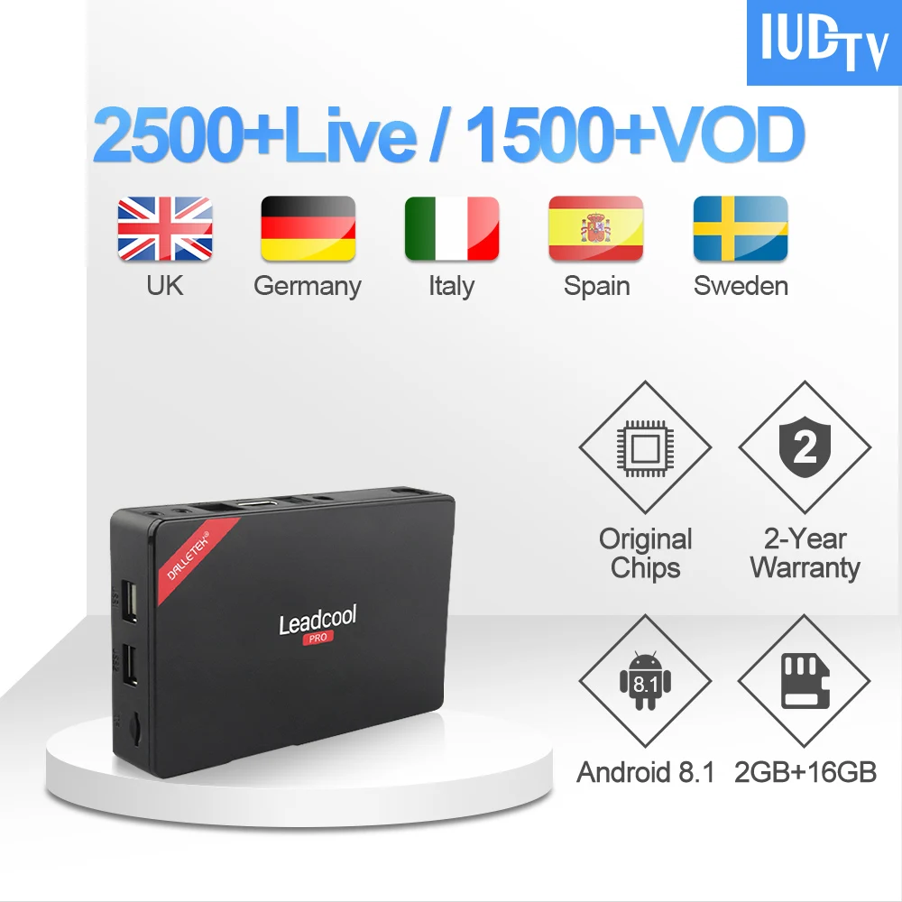 

Leadcool Pro TV Box with 1 Year IUDTV UK Swedish IPTV Subscription 2G 16G Android 8.1 TV Box RK3229 HD Arabic English IUDTV IPTV