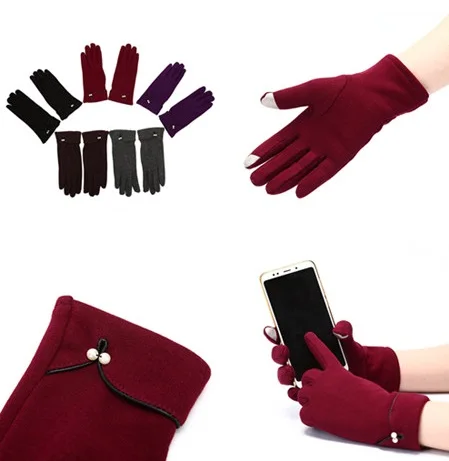 New Female Winter Pearl Cashmere Warm Gloves Cute Double Thick Plush Wrist Mittens Women Touch Screen Driving Gloves